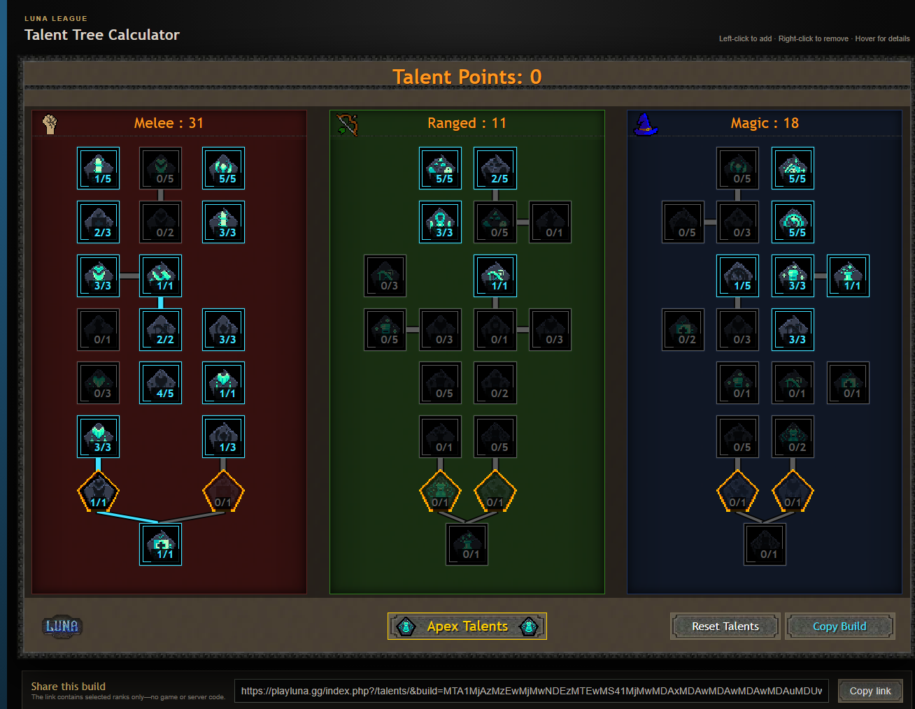 Luna talent calculator showing the regular Melee, Ranged and Magic talent trees