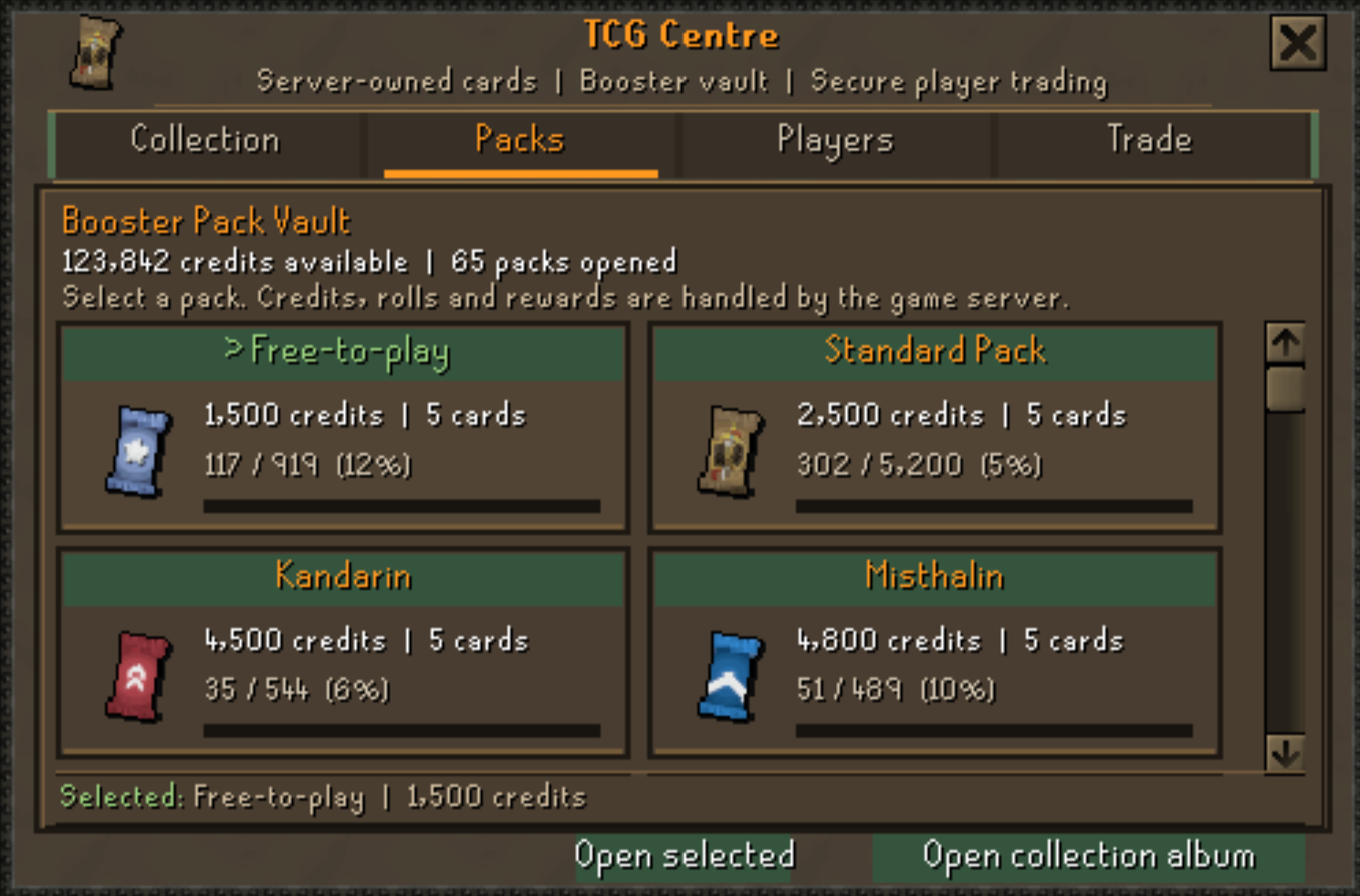 Luna TCG Centre showing booster packs that players can open with earned credits