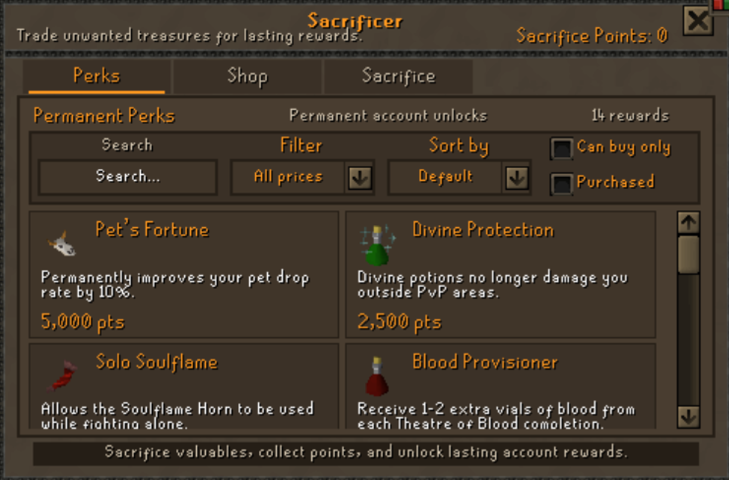 Sacrificer perks and rewards interface